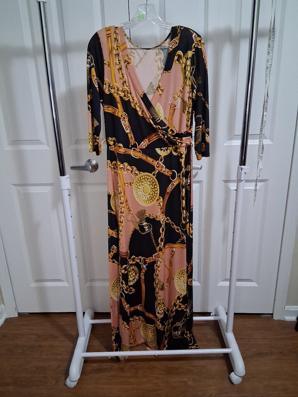 Wrap Maxi Dress in Pink, Black and Gold Chain Print